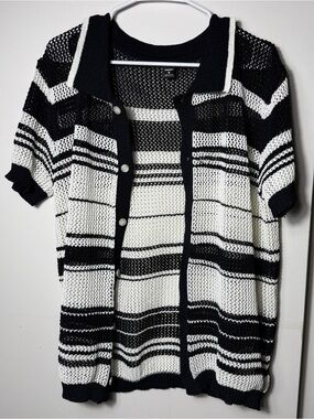 Manfinity Mesh Knit Resort Shirt Men's Medium Black White Striped Coastal Beach